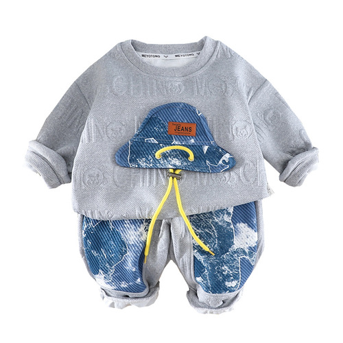 Boys' new spring and autumn casual style hat, drawstring sweatshirt two-piece set, handsome baby boy's autumn set