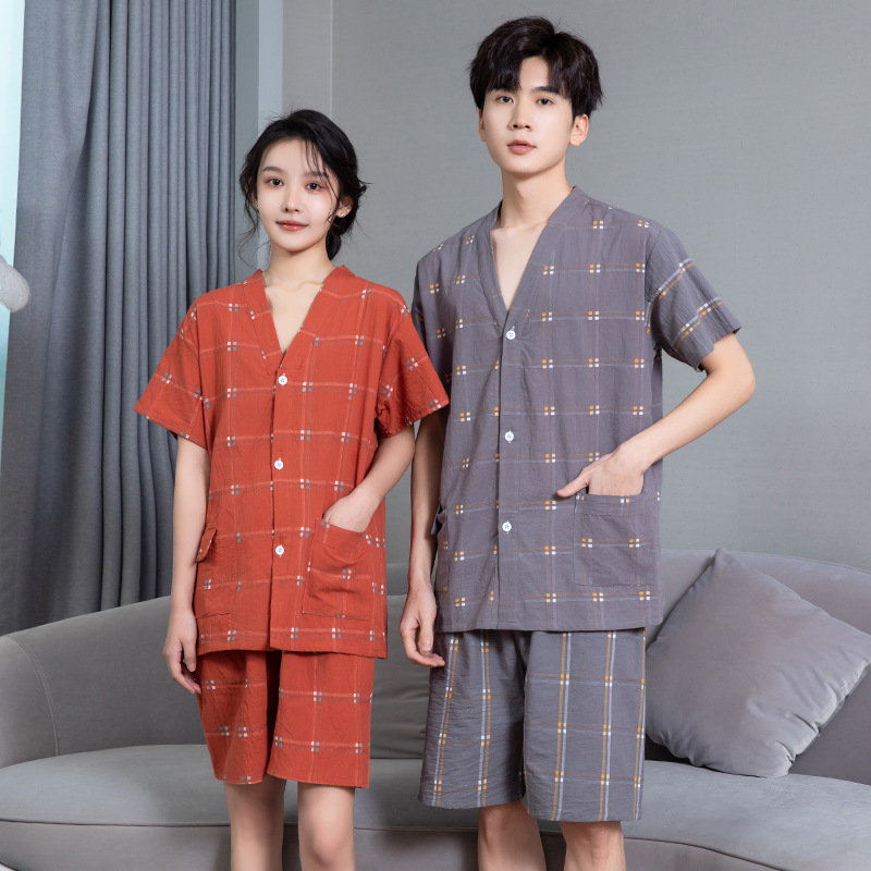 Short-sleeved cotton couple's front-buttoned therapy clothing, moxibustion clothes, back-opening scraping and acupuncture clothing, massage clothing, women's set