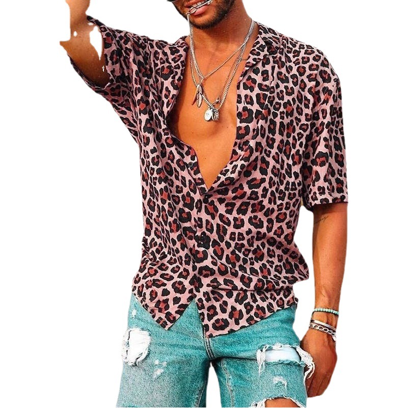 Camisa de manga corta con estampado de leopardo de moda para hombres de estilo europeo y americano 2023 Verano nueva camisa casual Top moda de comercio exterior transfronterizo