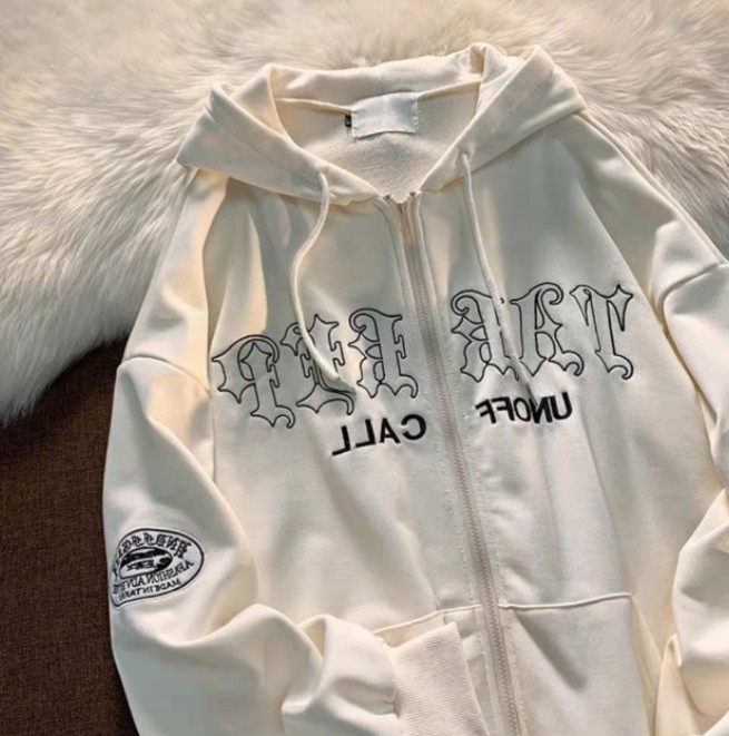 Abbigliamento da donna giacca cardigan in felpa casual allentata con tasca con cappuccio ricamata con lettera retrò_voghion.com