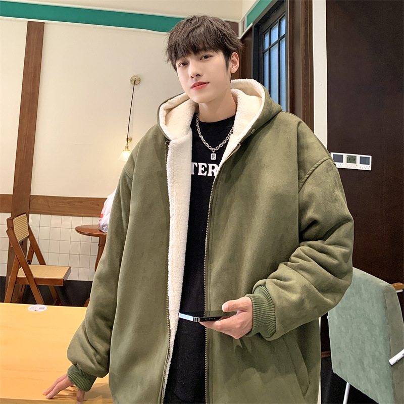 가을과 겨울 두꺼운 양고기 후드 루즈 기모 커플 단색 하이 스트리트 코튼 패딩 자켓 코튼 패딩 재킷 미국면 패딩 자켓 윈터 코트