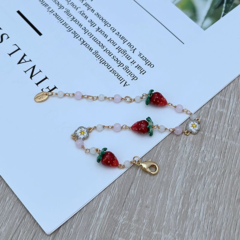 14g Weight Jewelry Set Classification cable chain Chain Type 1 Piece Quantity Daily Occasion natural stone, Enamel Glaze, Copper Material Strawberry Pattern All Seasons Season Women's Gender Plating Design Sweet Style Sweet Strawberry Natural Stone Enamel Glaze Copper Cable Chain Jewelry Set In Bulk 3