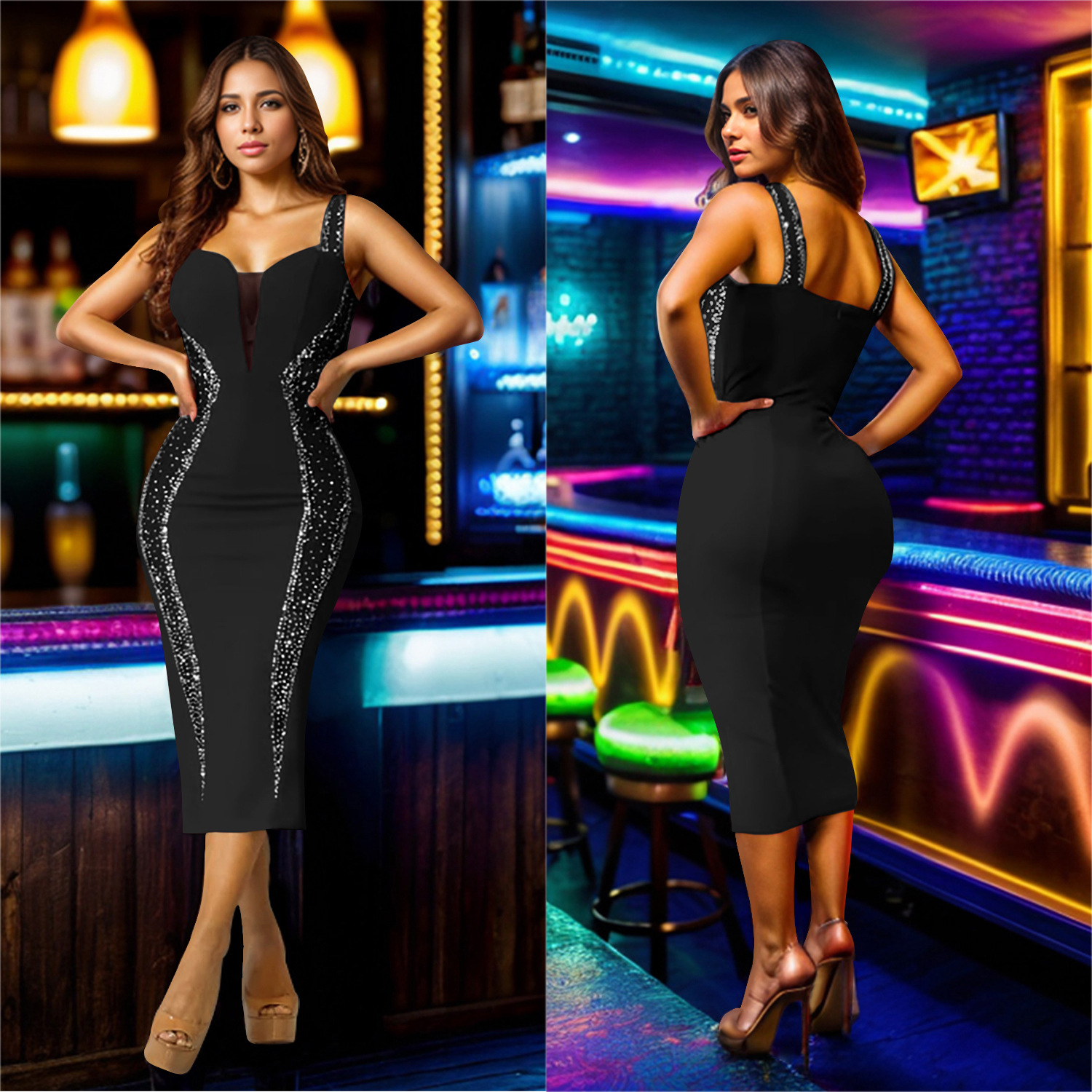 C7070 Aliexpress transfronterizo Amazon estación independiente de moda europea y americana de mujer cinturón de perforación en caliente vestido largo medio nuevo image 4