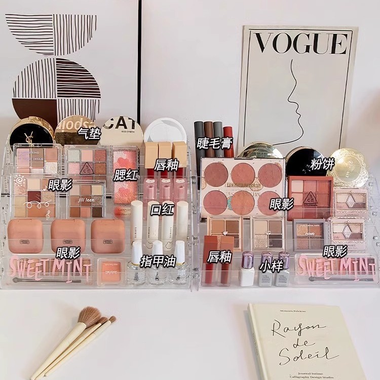 Caja de almacenamiento transparente estante de almacenamiento de cosméticos multicapa esmalte de uñas bandeja de sombra de ojos estante de exhibición estante de acabado de tocador