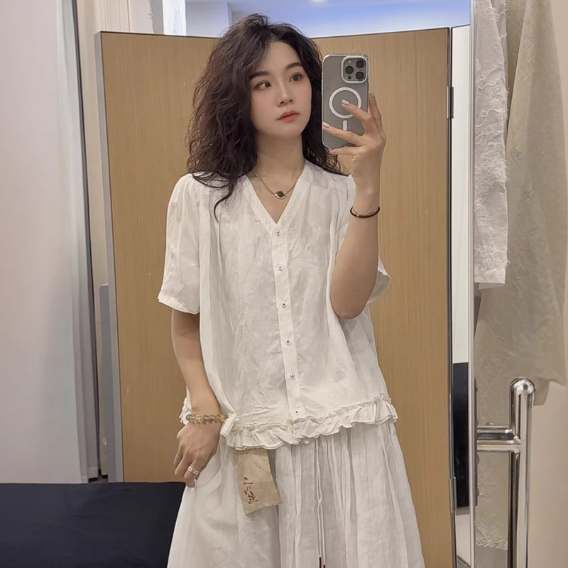 2026 Spring New Style Ramie Short-Sleeve Shirt with Ruffled Hem, Elegant and Versatile Hemp Shirt for Women