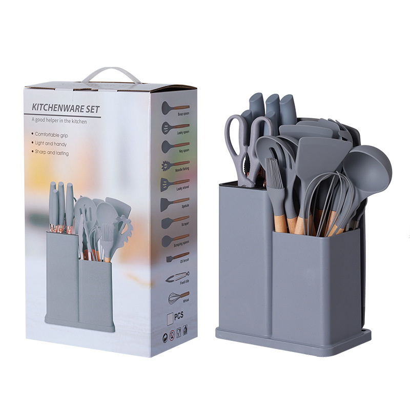 Utensilios de cocina de silicona transfronterizos, juego de 19 piezas, cubo de almacenamiento de herramientas de cocina, juego de cuchillos de cocina
