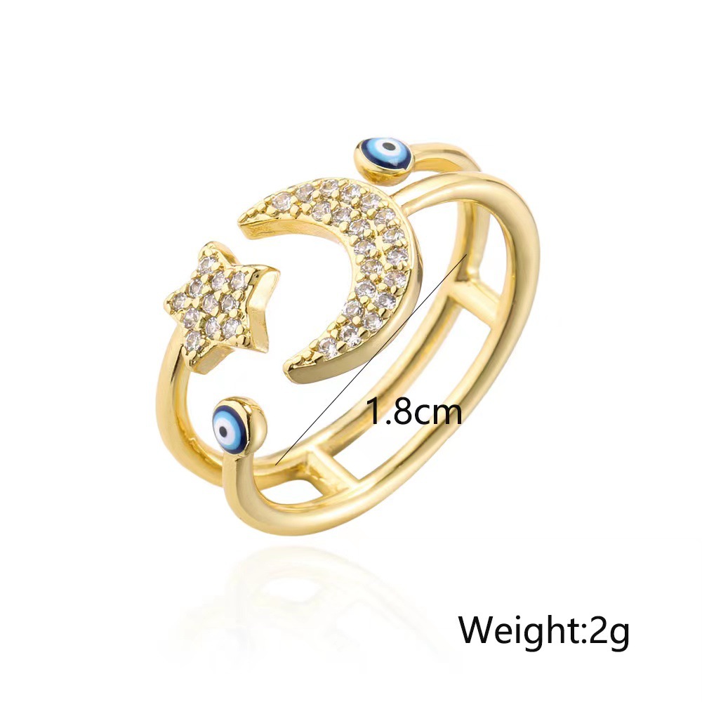 Retro Cool Style Devil's Eye Star Moon Copper Plating Inlay Zircon Open Ring display picture 1