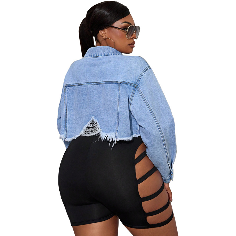 Plus Size Distressed Denim Jacket, Light Wash Rip Long Sleeve Coat For Women, Oversized Chic Shacket For Casual Office Wear_ecoleips.com
