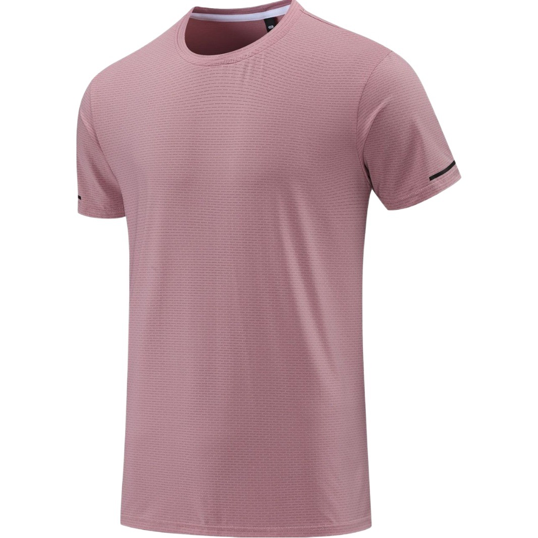 Verano nuevo cuello redondo de color sólido nylon de secado rápido camiseta hombres y mujeres en stock impreso de alta elástica transpirable deportes fitness manga corta