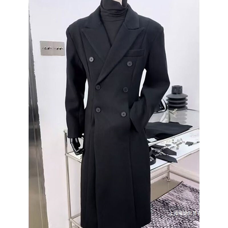 Men's Long Wool Coat, Knee-Length, Notch Lapel, Korean Style, Loose Fit, Waist-Cinching, Regular Shoulders, Padded Shoulders, Double-Breasted Woolen Jacket