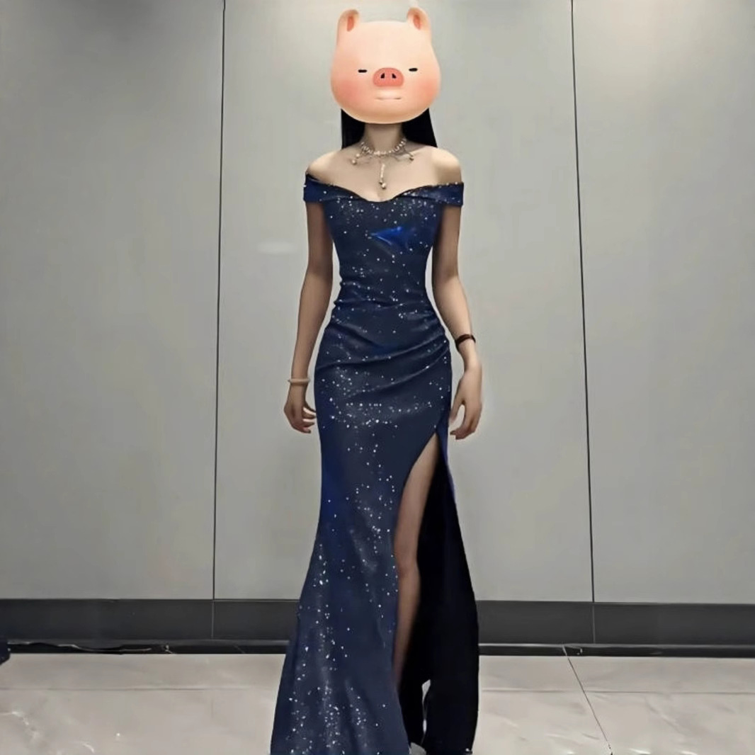 2025 Summer Blue Sparkling Banquet Strapless Dress Women's One-Shoulder Dress Sexy Waist Split Long Dress Women