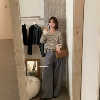 【FEI】韩系蕾丝拼接V领条纹宽松百搭休闲针织上衣毛衣(含5%羊毛)