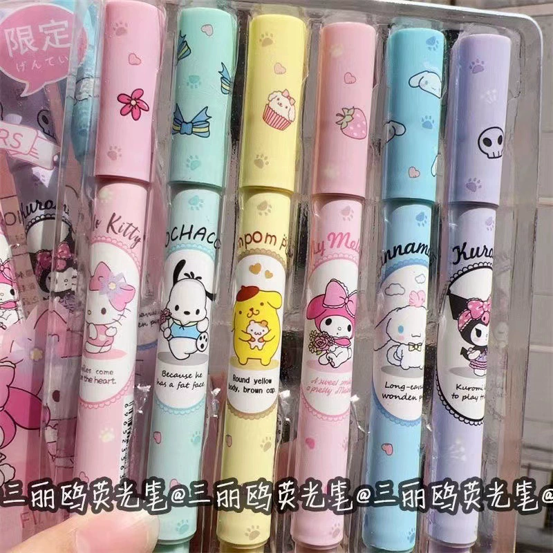 Fluorescent Marker (Sanrio) Oblique Tip, Pastel 6‑Pack Highlighters for Students