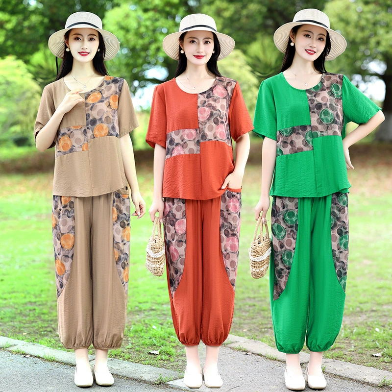 Летний иностранный хлопок и конопля повседневный набор с короткими рукавами новый свободный мода