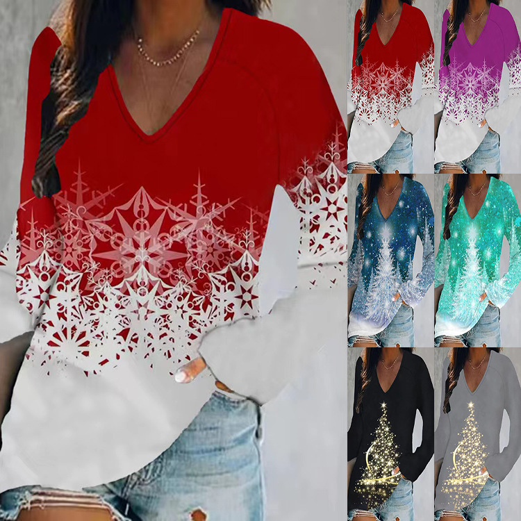 Women's T-shirt Long Sleeve Blouses Printing Casual Christmas Tree display picture 7