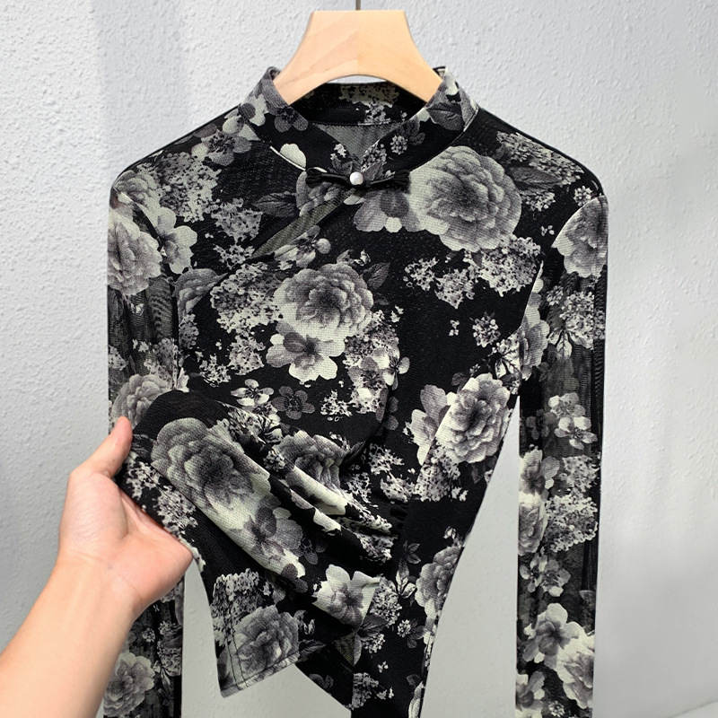 Camiseta de impresión de manga larga negra de estilo nacional para mujeres 2025 primavera nueva ropa de mujer nueva chaqueta china de cuello de botón