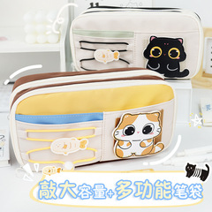 新しいベルクロ鉛筆バッグかわいい黒猫多層文具バッグ巾着高価値大容量筆箱