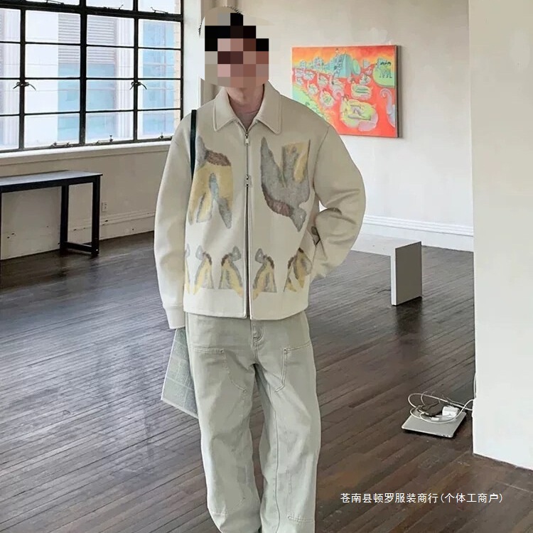 Men's Autumn and Winter Simple Retro Jacquard Woolen Loose Top Prince Thickened Lapel Jacket