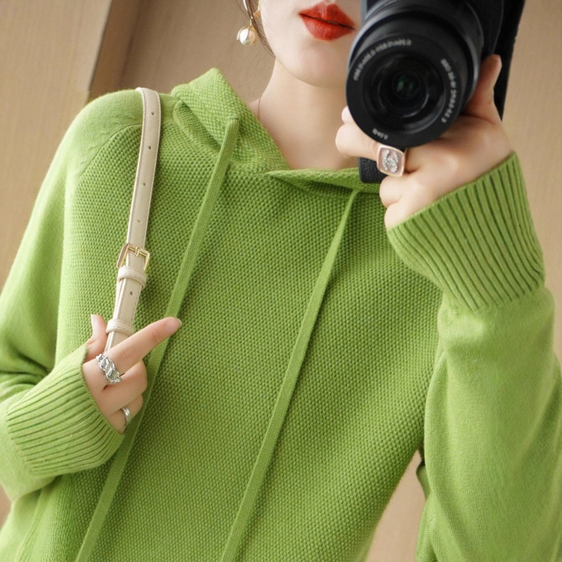 New Wool Hooded Knitwear Women's Pullover Loose Slimming Look Pure Color Autumn and Winter Versatile Sweatshirt Hooded Long-Sleeved Knitwear New Wool Hooded Knitwear Women's Pullover Loose Slimming Look Pure Color Autumn and Winter Versatile Sweatshirt Hooded Long-Sleeved Knitwear