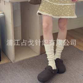 新款日系镂空芭蕾风木耳边中筒袜双针双路甜美吸汗堆堆袜子四季女