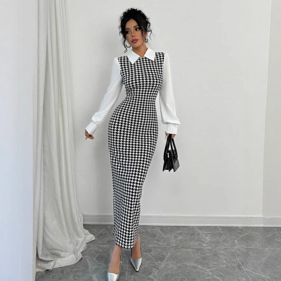 아마존 가을과 겨울 패션 우아한 슬림 퍼프 소매 긴 원피스 유럽과 미국의 국경 하운드 패턴 엉덩이 원피스