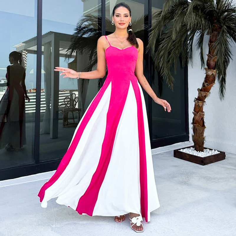 Fashionable Women's Contrast Stitching Suspender Prom Evening Dress_voghion.com