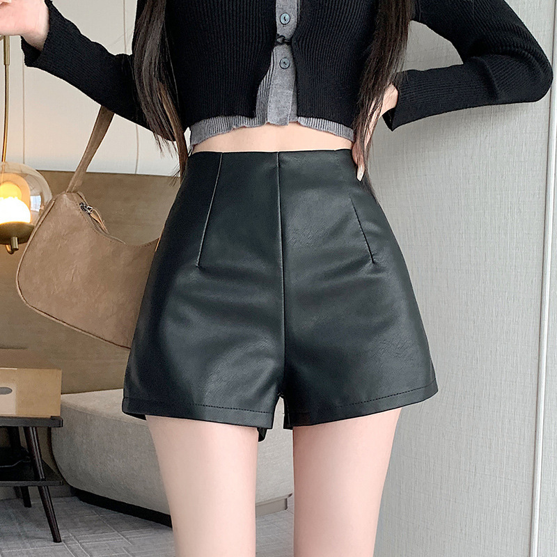 Black leather pants women's autumn and winter shorts with boots 2023 new high waist outer wear sheath slim A- line straight pants