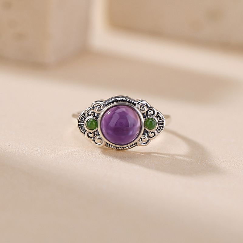 Vòng tay đá thạch anh tím tự nhiên kết hợp ngọc Hetian Jasper bạc S925 — một mảnh