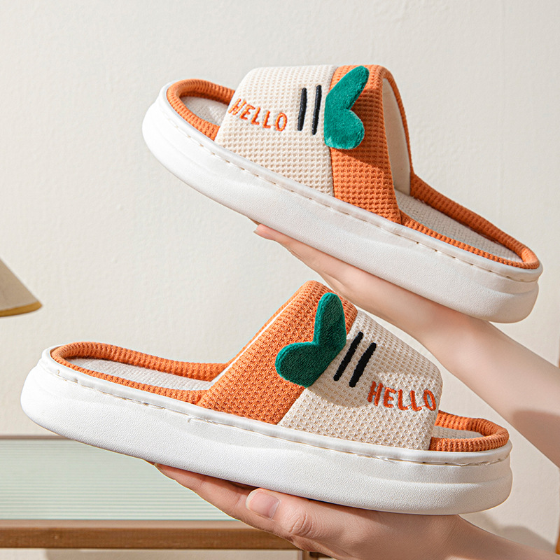 Linen Slippers for Women, Cute Cartoon Cotton and Linen Open Slippers, Indoor Four-Season Couple Non-Slip Floor Slippers for Men