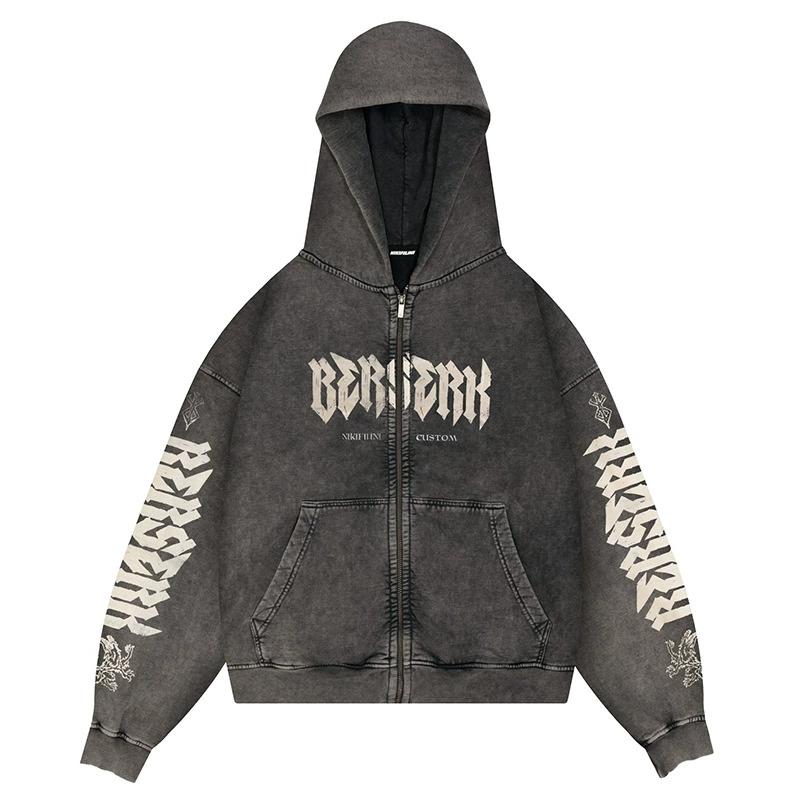 Толстовка на молнии с капюшоном Bae-fighter Berserk графика, винтажная стирка, худи на молнии, размеры S–2XL