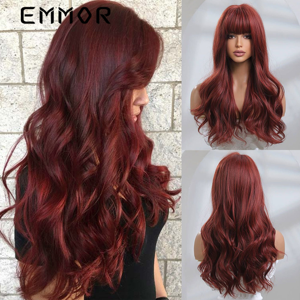 Celebridad de Internet, el más vendido, color de cabello burdeos degradado, parte media, pelo largo y rizado, peluca de fibra química para Halloween, flequillo de aire