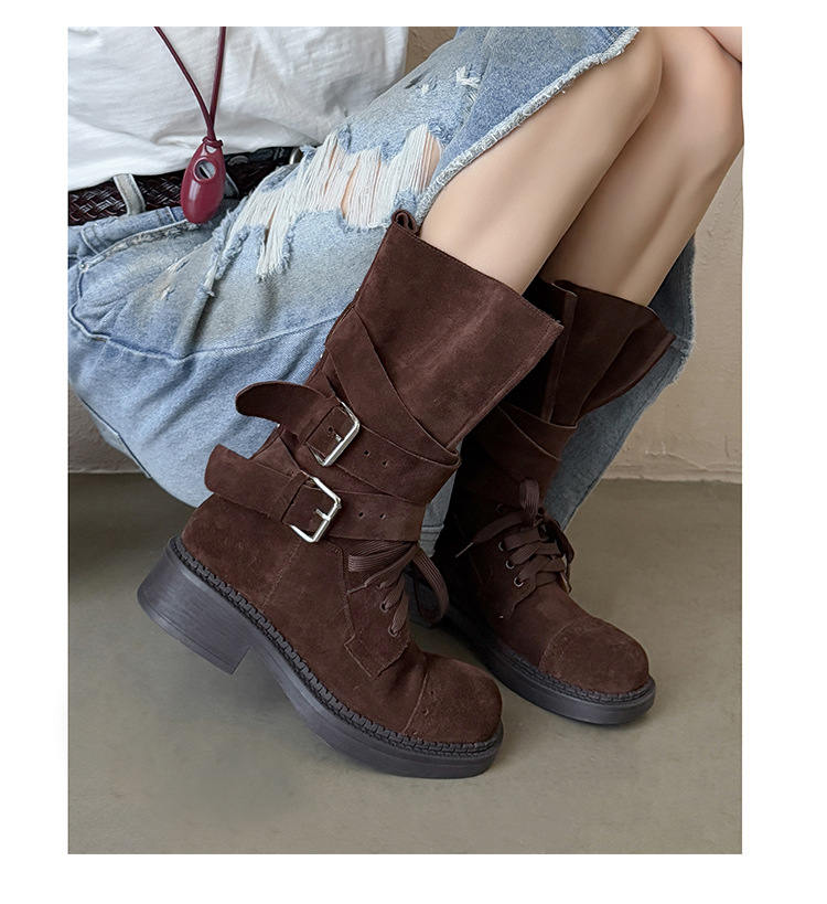 Boot cao bồi cổ trung bình da bò lộn phong cách retro, gót thấp khóa thắt lưng — đen, màu nâu sẫm, kaki chi tiết 23