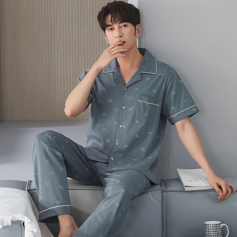 Pijamas de los hombres de verano 100% pantalones de algodón de manga corta cardigan de los hombres ropa de verano delgado más traje de tamaño