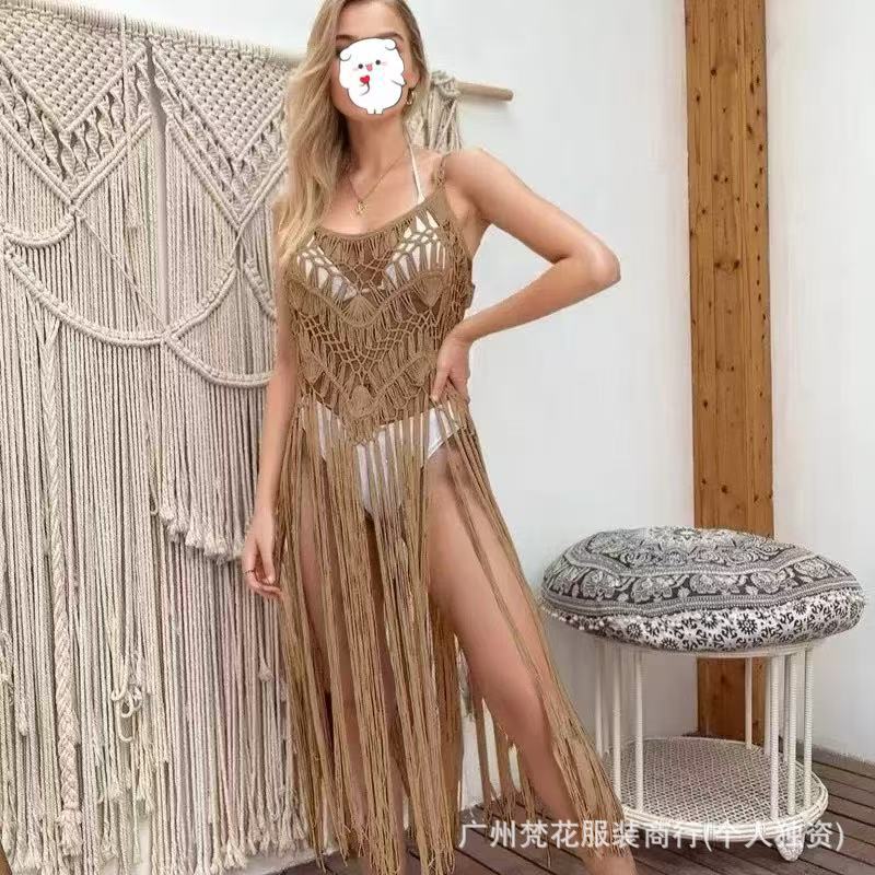 Beach Tassel Vacation Crochet Sexy Bikini Cover-Up Hand-Crocheted Hollow Bohemian Versatile Suspender Skirt