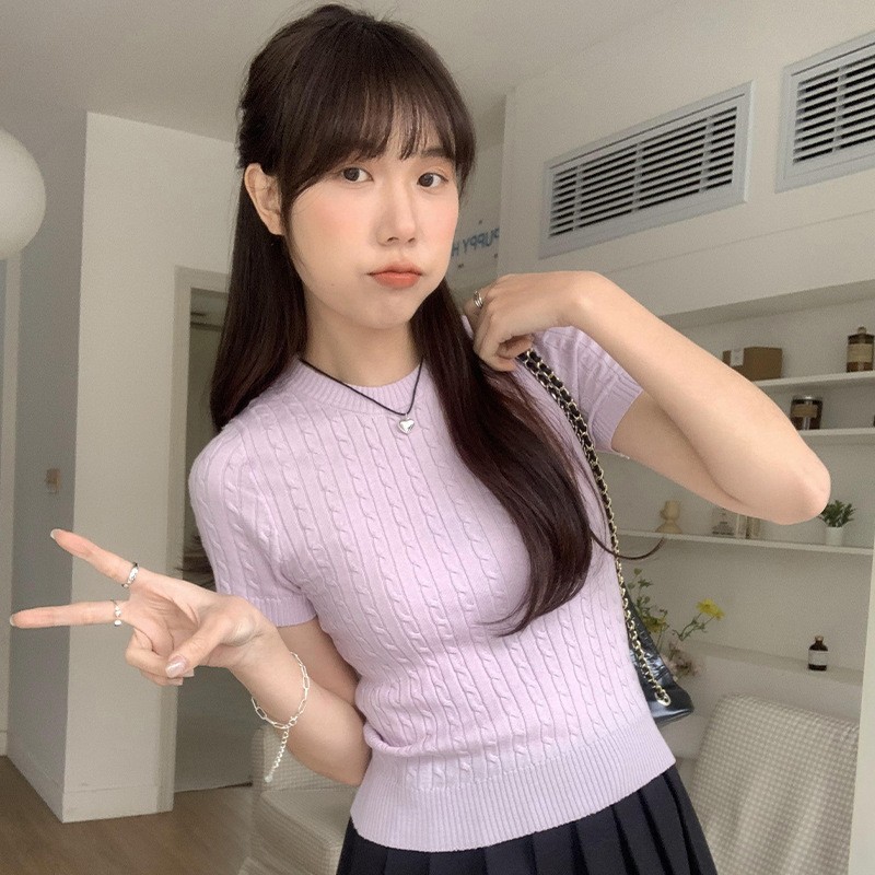 Aimee Duo Korean Style Design Sense Hemp Pattern Round Neck Shoulder Top Comfortable Breathable Solid Color Knitted Short-sleeved T-shirt for Women