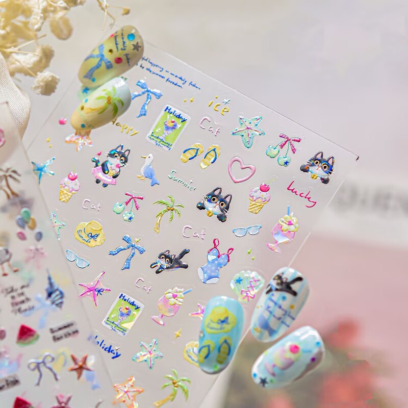 Tomoni Manicure Embossed Little Black Cat Summer Beach Seaside Vacation Sunset Shell Palm Tree Nail Sticker
