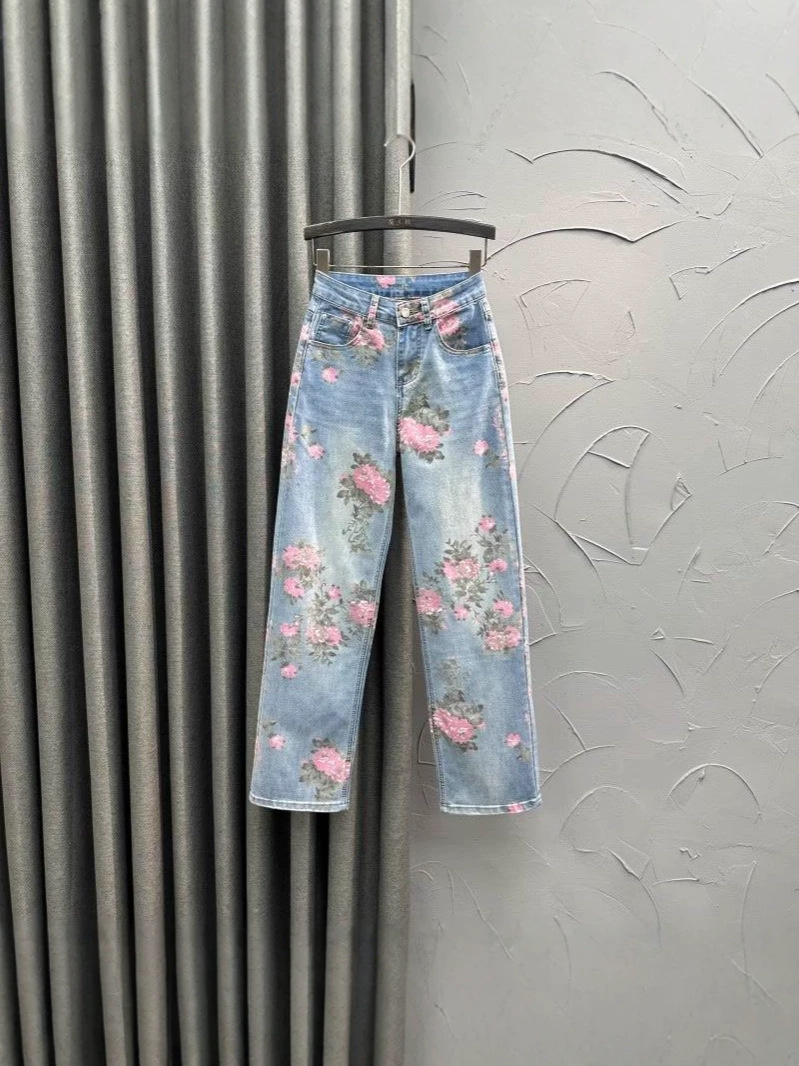 Rose Jacquard High-Waisted Jeans for Women, Plus Size, Loose Straight-Leg, Spring 2026 New Casual Wide-Leg Trousers