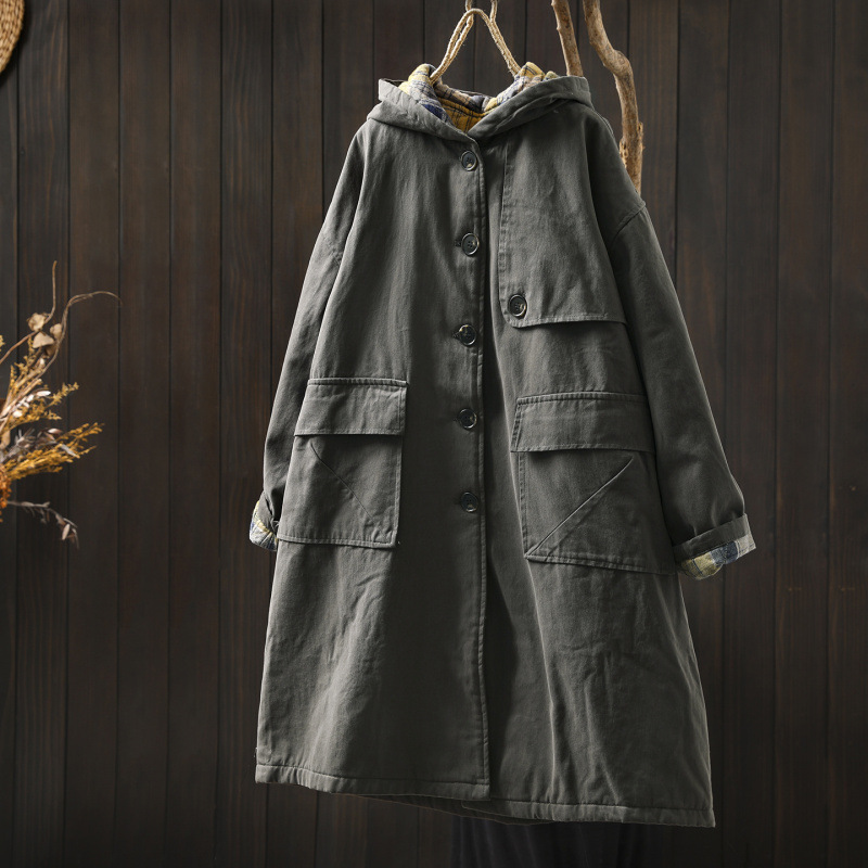 Hooded Mid-Length Cotton Jacket for Women 2025 New Winter High-End Pocket Warm Retro Loose Fashion Cotton Coat