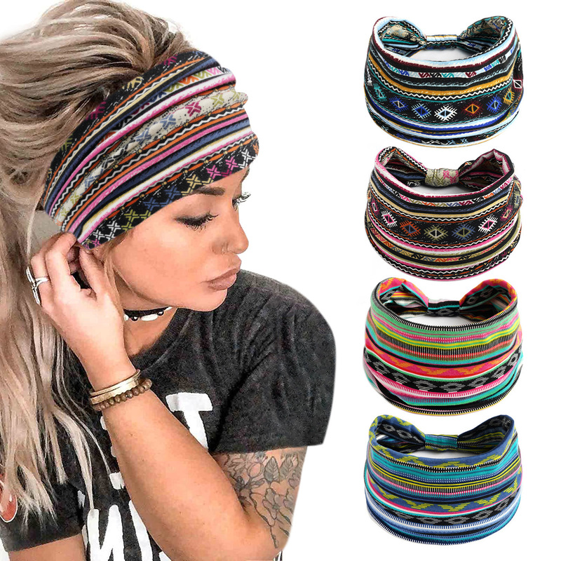 [Temu Cross-Border Exclusive Supply] Summer Bohemian Wide Headband Yoga Sweat-Absorbent Headscarf Fabric Manufacturer Retro Style