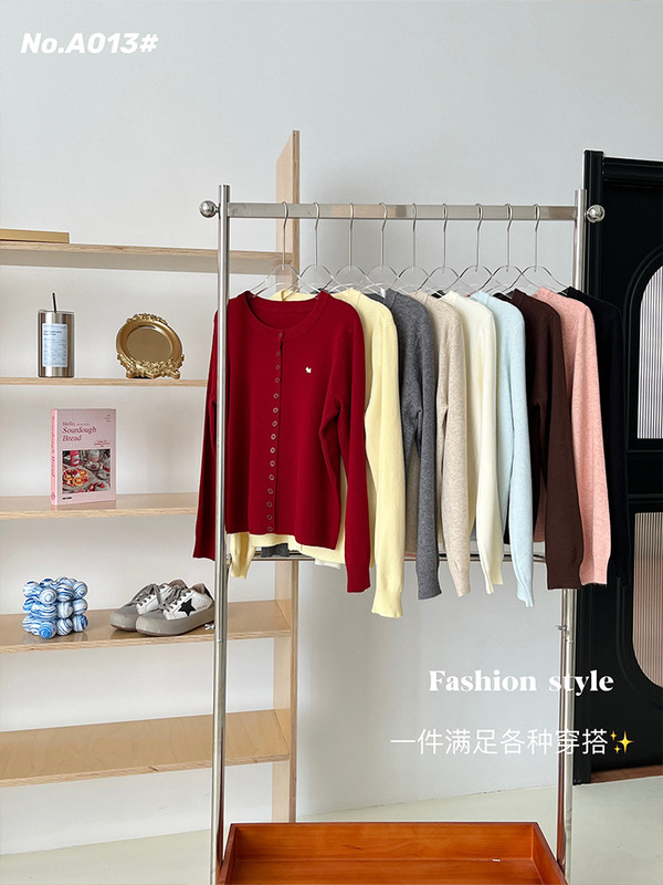 富欣娜纯色外搭针织衫秋冬新款羊绒开衫长袖简约圆领减龄毛衣外套|undefined