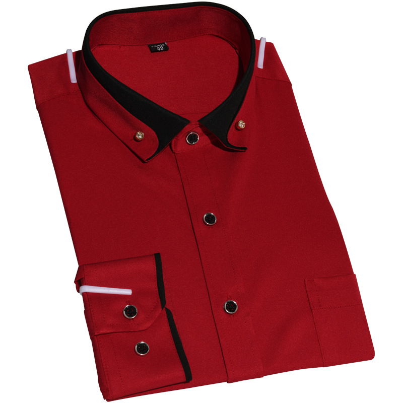 Camisa elástica de manga larga antiarrugas hebilla de diamante contraste color collar hombres de negocios casual Four Seasons camisa de bolsillo para hombre