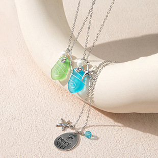 Beautiful colored sea glass pendant necklace women ins style design sense niche ocean style cartoon sweater chain wholesale