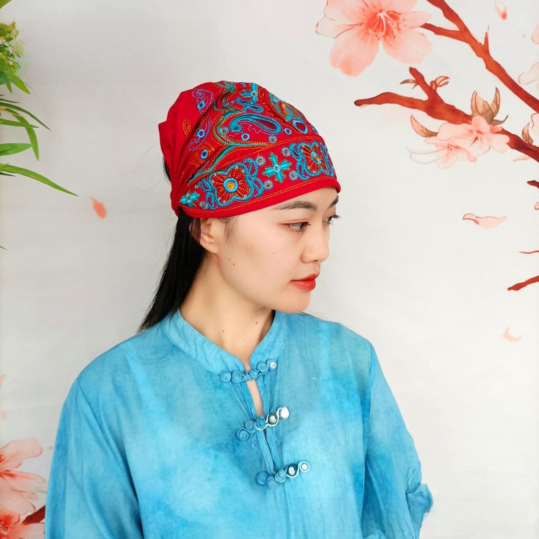 Chapeau haut de forme vide en toile brodée de style ethnique pour femmes, foulard élastique réglable pour voyage et photo_voghion.com