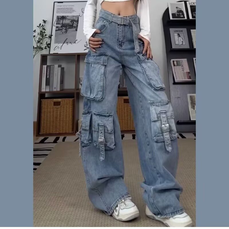 아메리칸 레트로 하이 스트리트 워크웨어 청바지 여성 와이드 레그 캐주얼 바지 2025 새로운 패션 트렌드 인 바지