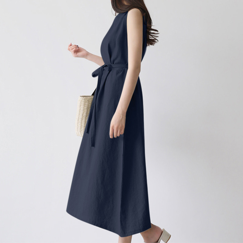 European And American Cross-border Women's Fashion Loose Bohemian Sleeveless Round-neck Solid Color Cotton-linen Long_ecoleips.com