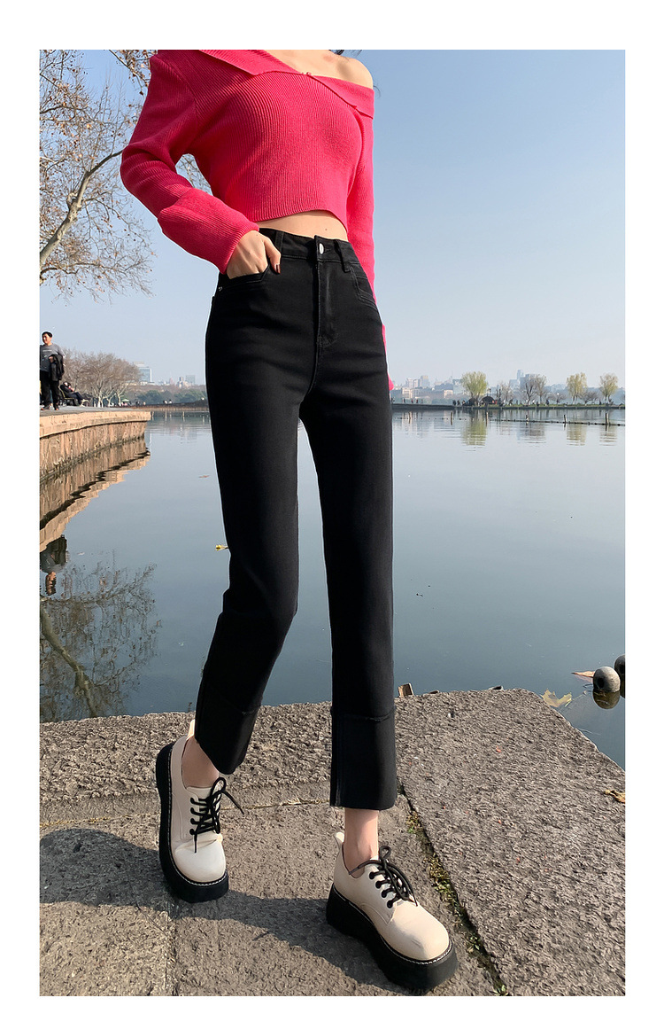 HEY+JEANS韩系翻边直筒裤女2023春季十三行高腰显瘦法棍九分裤详情38