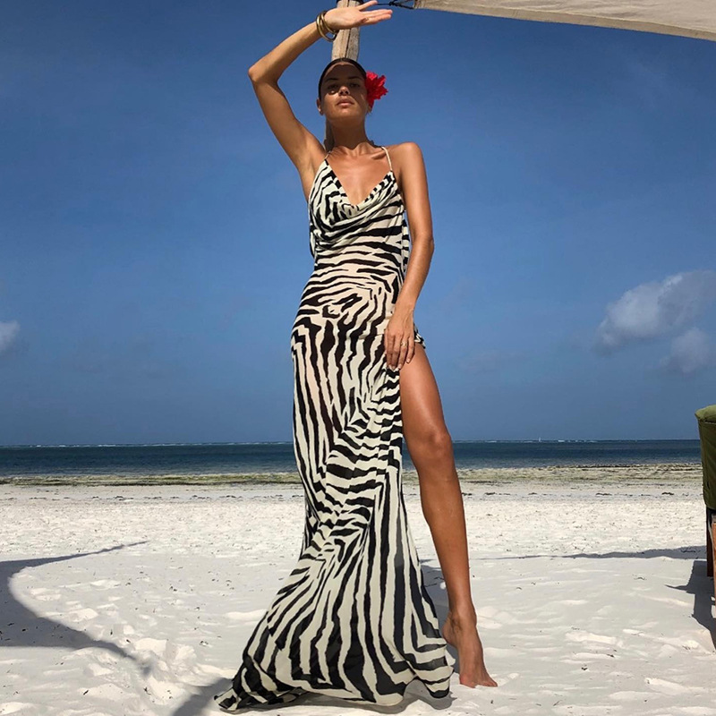 Ebay Amazon 2024 Autumn Fashion Zebra Print High Slit Lace See-Through Sexy Resort Style Dress