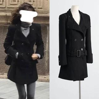 [现货]ranran同款黑色修身毛呢外套可拆卸下摆设计加厚呢子大衣女
