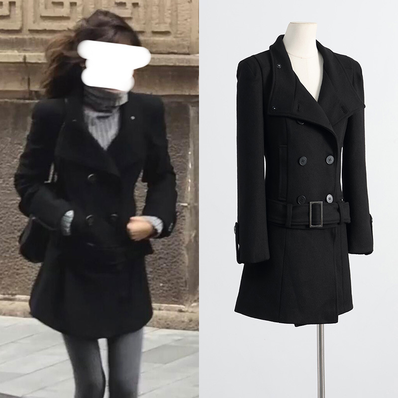 [现货]ranran同款黑色修身毛呢外套可拆卸下摆设计加厚呢子大衣女