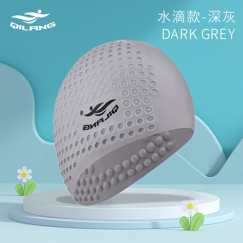 Gorro de baño de silicona con logo personalizado del fabricante Gorro de baño de gota de agua para adultos Gorro de baño de pelo largo para mujer Gorro de baño impermeable antideslizante para los oídos